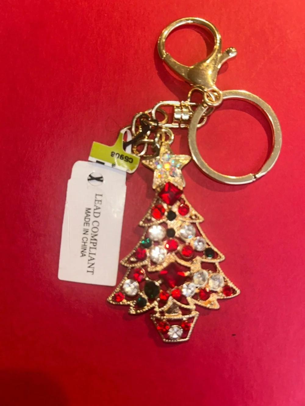 Natasha Couture Jeweled Gold-Tone Rhinestone Christmas Tree Keychain NWT